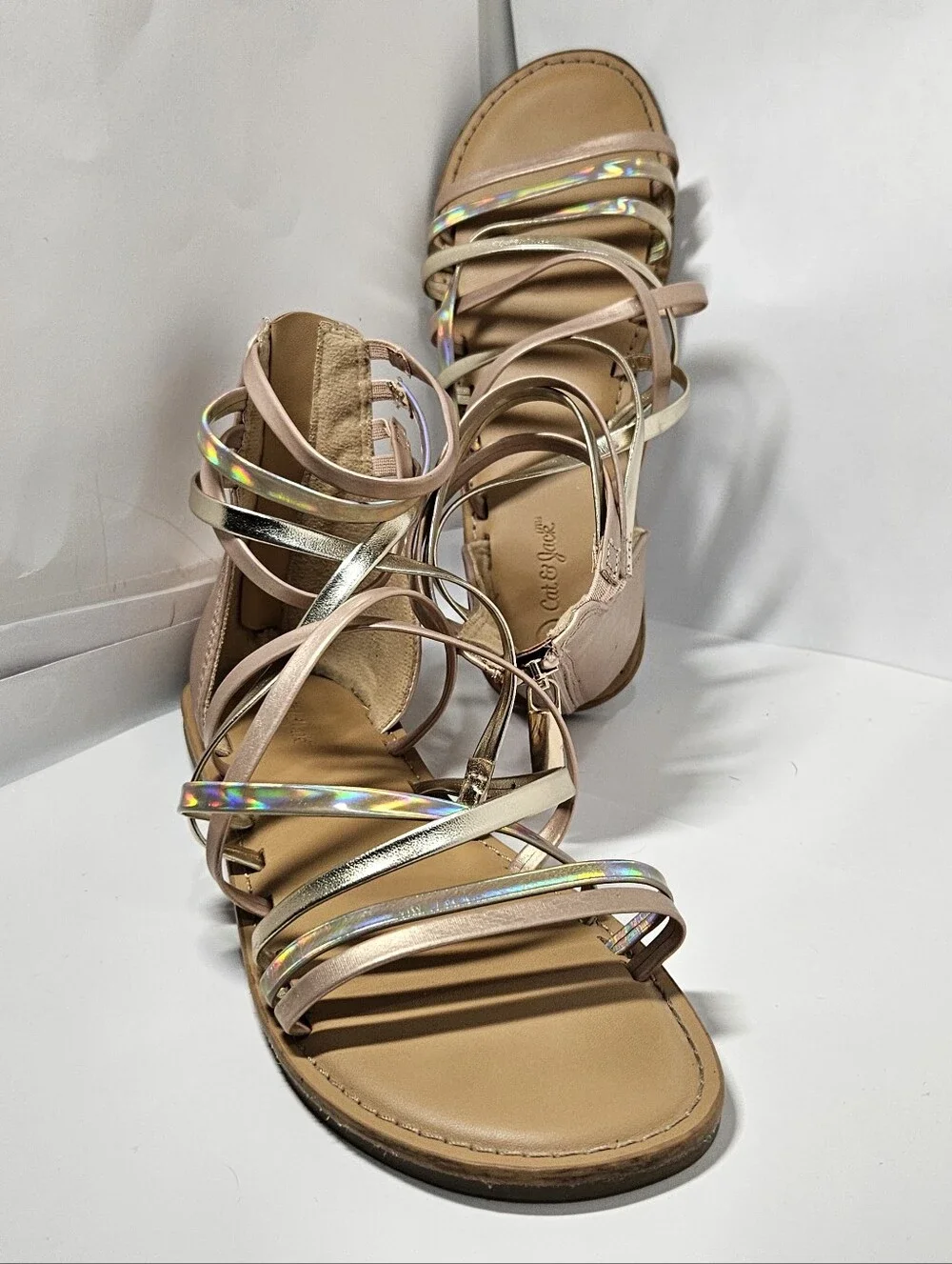 Cat & Jack Girls Dion Gladiator Sandals Size 3 Rose Gold Metallic Strappy Zip